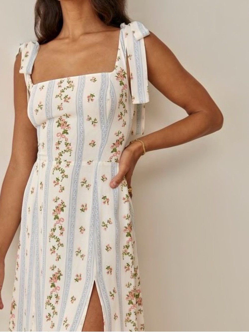 Reformation Cream Midi Dress with Blue Stripes and Pink Floral